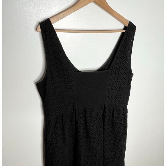 J. Crew Button Front Eyelet Midi Dress Womens 16 Black Cotton Summer Smocked - Picture 7 of 8